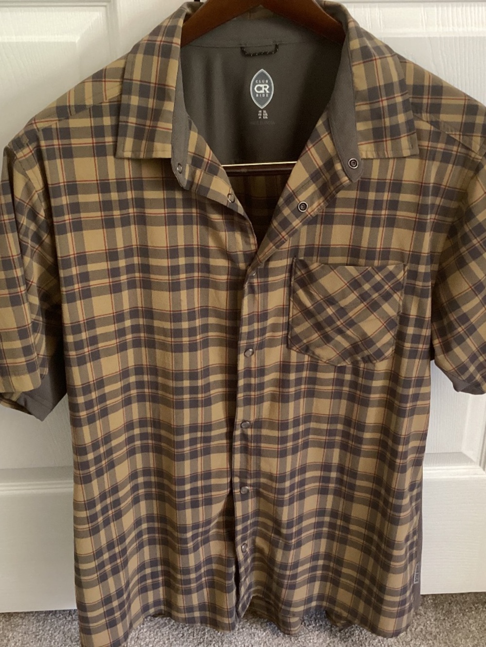 MENS Club Ride Cycling Plaid Shirt Sleeve Vented Sides Pockets Shirt Size XL